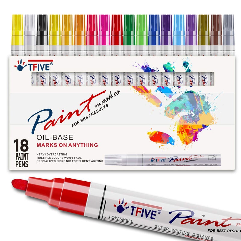 TFIVE Paint Pens Paint Markers Never Fade Quick Dry and Permanent,18 Color Oil-Based Waterproof Marker Pen Set for Rock Painting, Stone, Ceramic, Wood, Fabric, Plastic, Canvas, Glass, Mugs - Image 1
